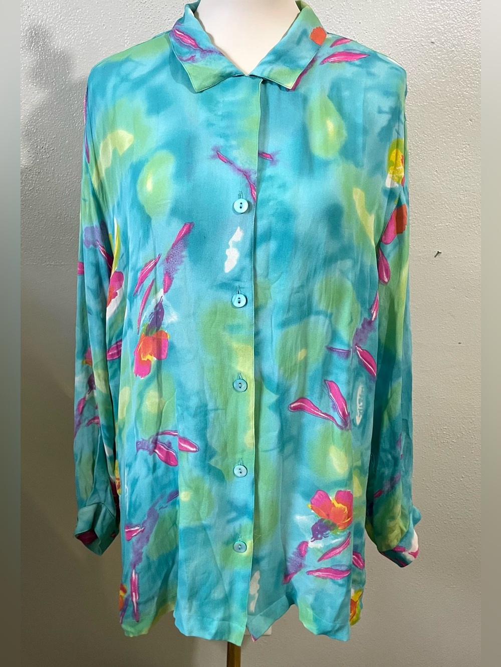 Mureli Vintage Silk Teal Floral Button Blouse Artsy Lagenlook Gallery Watercolor